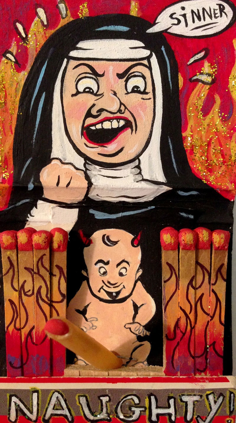 Hand Painted Angry Nun yelling at Naughty Boy Matchbook
