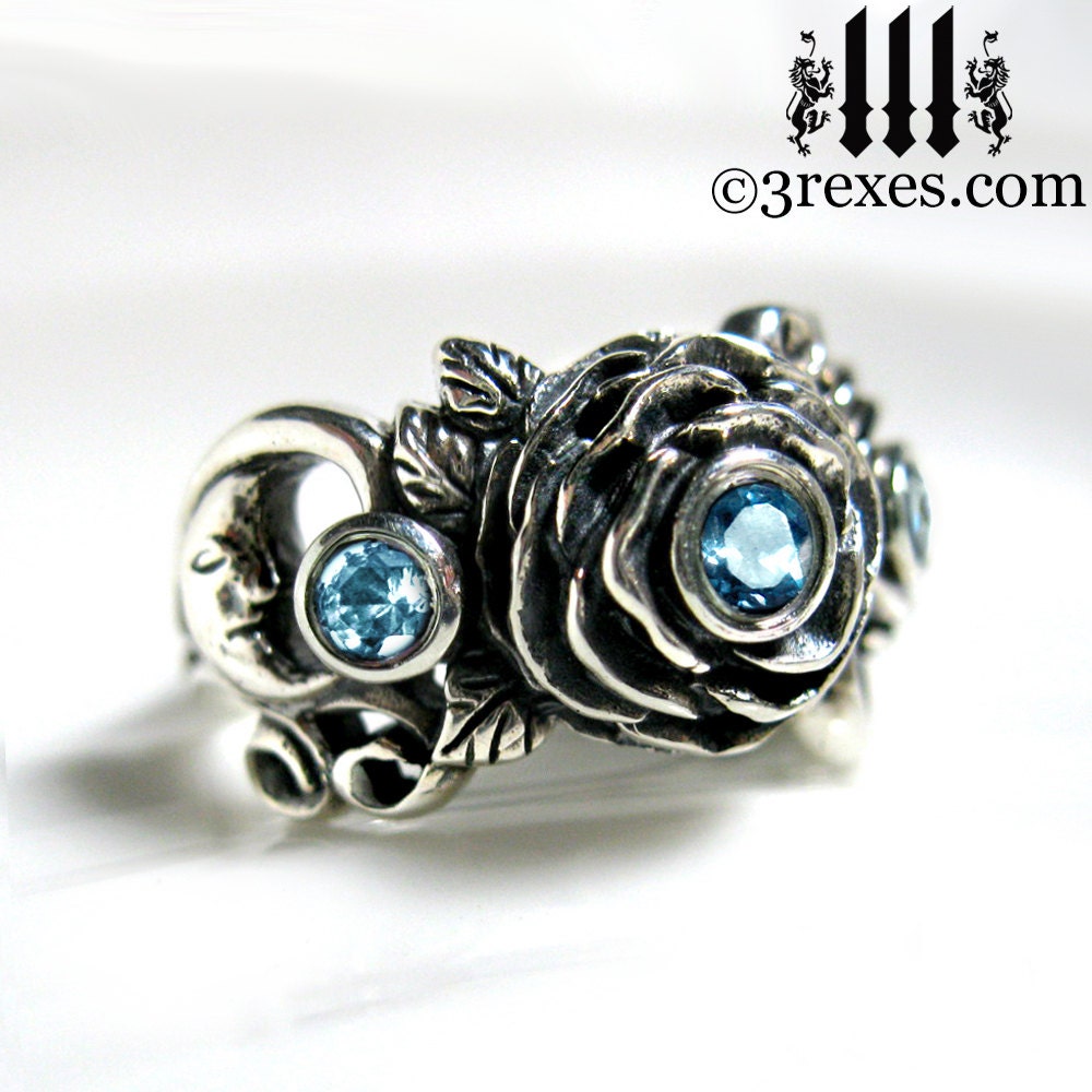Silver Rose Moon Spider Ring Blue Topaz Stones Gothic Flower Band Size 6