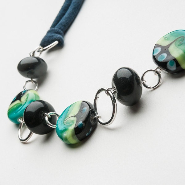 Aqua marine and black statement necklace with marine jersey tie