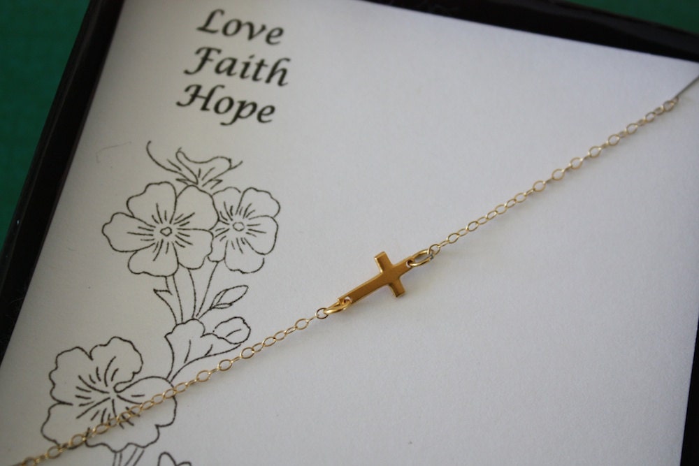 Cross Sideway Necklace, Tiny Cross Necklace, Gold Cross Necklace, Sideways Cross, Love faith hope card