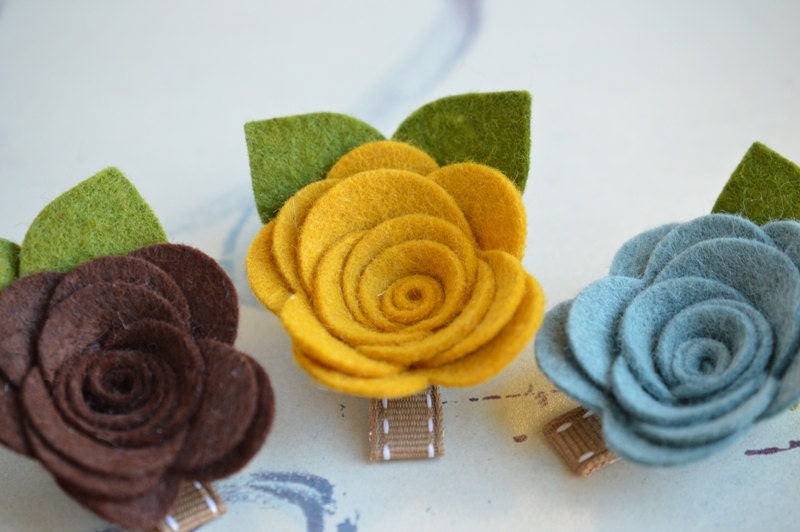 Felt Flower Hair Clips . Just Roses in Winter -Gold, Chocolate and Confederate Blue