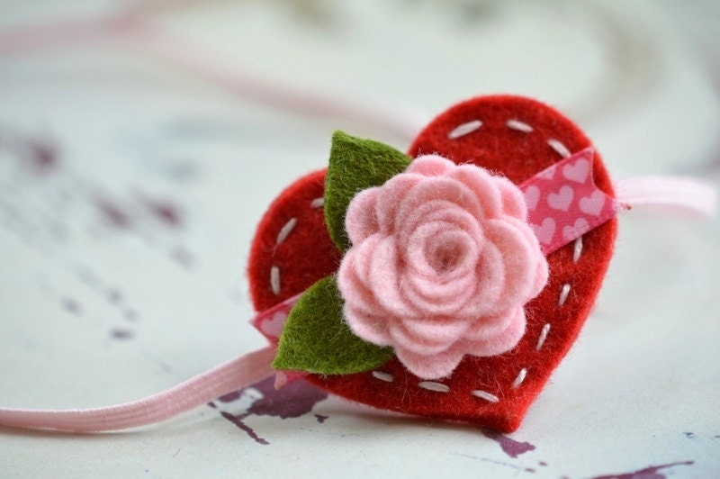 Reserved for Emma Valentines Day Heart Headband With Felt Flower in  Soft Pink - with SWIRL RIBBON See Photos 3-5 for Swirl Ribbon