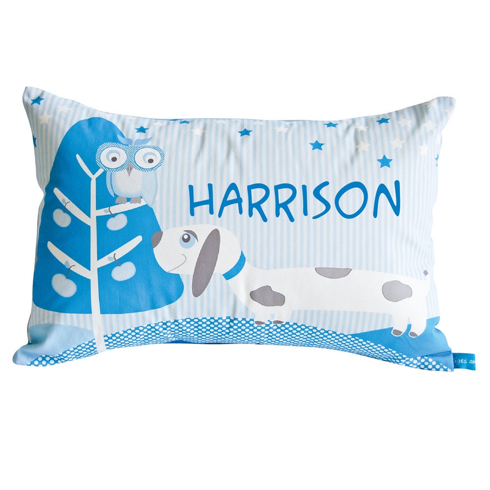 Blue Sausage Dog & Owl personalised cushion