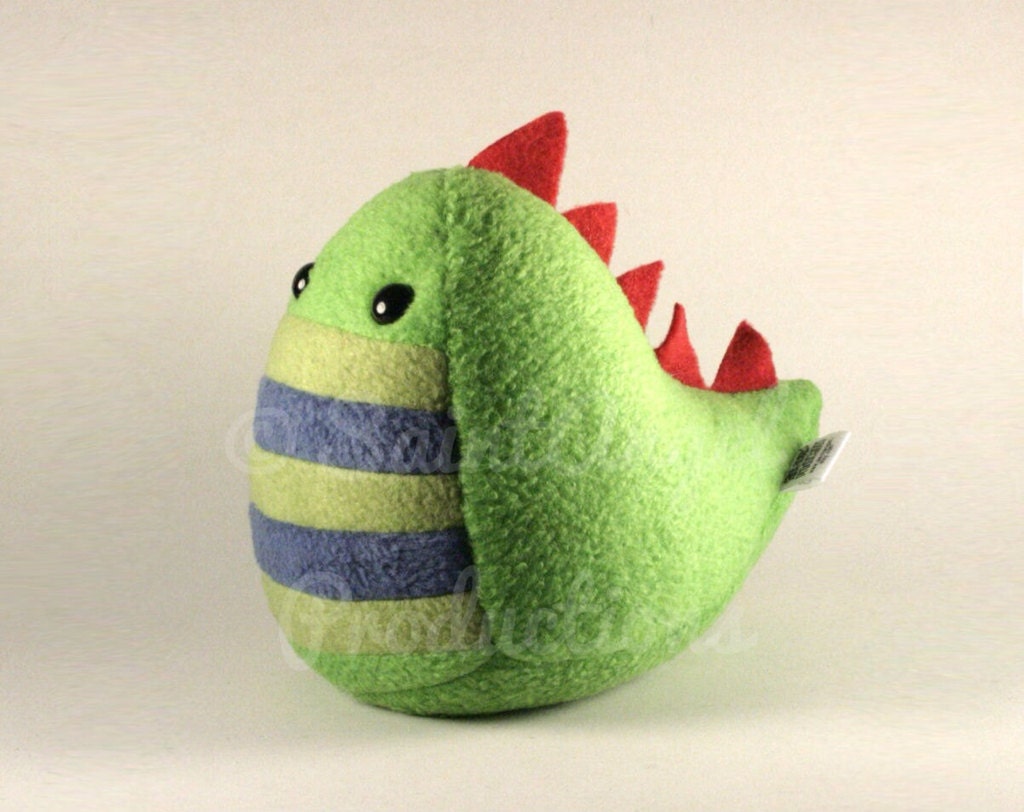 Plush Stuffed Dinosaur Handmade in Greens and Blue with Red Spikes