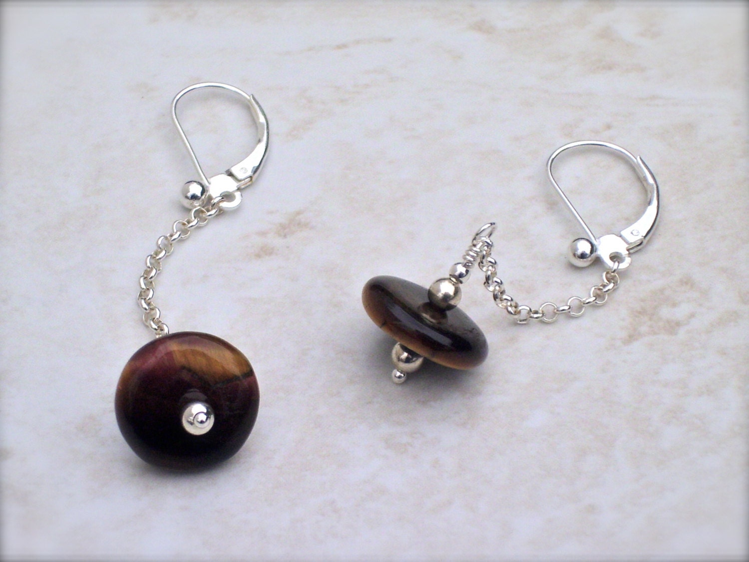 tigers eye earrings with sterling silver, golden honey brown, unique disk shape, dangle style