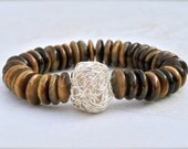 Tigers eye bracelet with sterling silver, golden honey brown, unique rustic artisan jewelry, stretch stack style