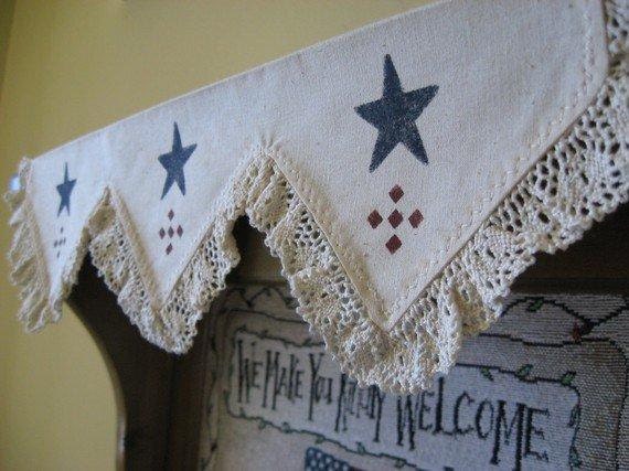 Stencilled Patriotic Stars Shelf Scarf, Americana mantle liner, original handmade design with stencilled stars and grid, Blue Cranberry USA
