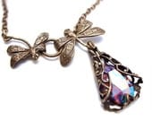 Mother daughter dragonfly necklace with volcano glass stone in filigree, Art Nouveau pendant necklace, vintage filigree jewelry