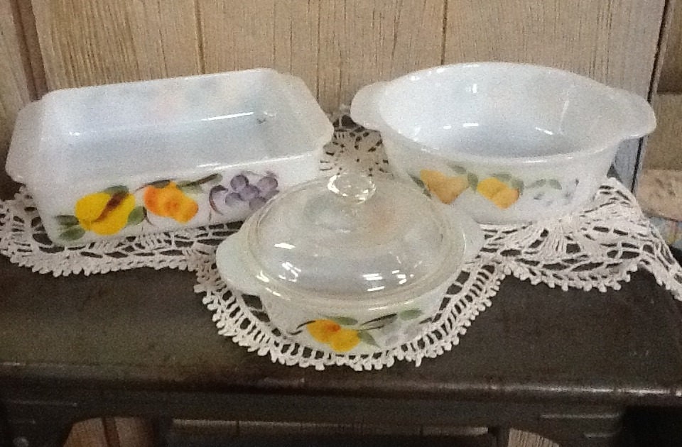Vintage FIre King Baking Dishes with Fruit Designs