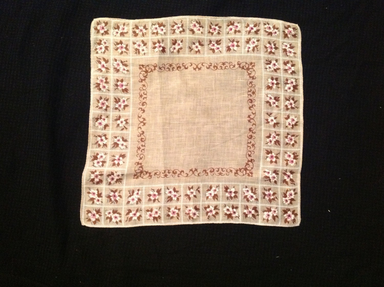 Vintage Hankie Tan Cotton Handkerchief with Brown Ornate Designs and White and Tan Flowers