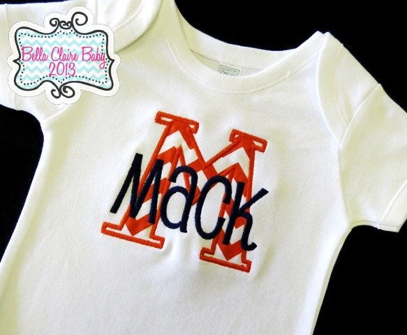 Chevron Shirt or bodysuit Personalized Applique orange and navy Name and Initial Custom Order- boy baby