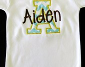Turquoise Chevron Shirt or bodysuit Personalized Applique orange, lime, and chocolate Name and Initial Custom Order- baby