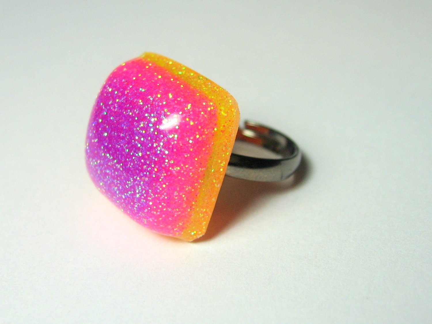 Neon Resin Ring, Glitter Rainbow Square, Pink, Purple, Adjustable Gun Metal Ring Band