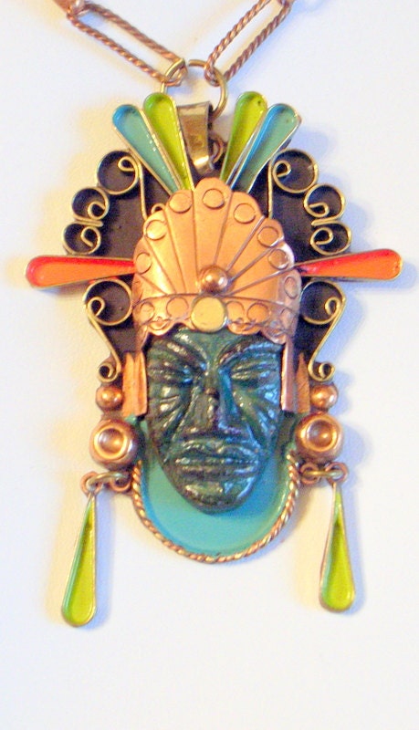Aztec Head Necklace - BIG Enamel Pendant - Turquoise Chartreuse Orange Enamel - Casa Maya Mexico - Handmade Copper Tribal SALE
