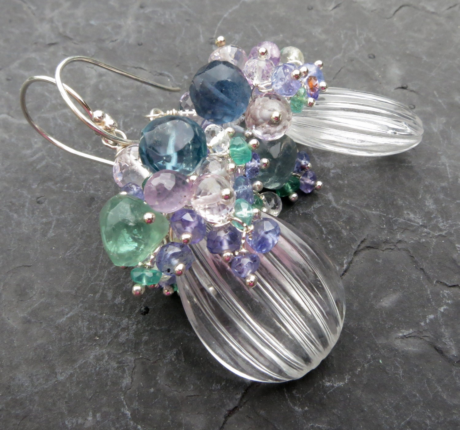 Crystal quartz, pink amethyst, tanzanite earrings emerald silver statement gemstone jewelry watercolors monet garden teal lilac -Titanica-