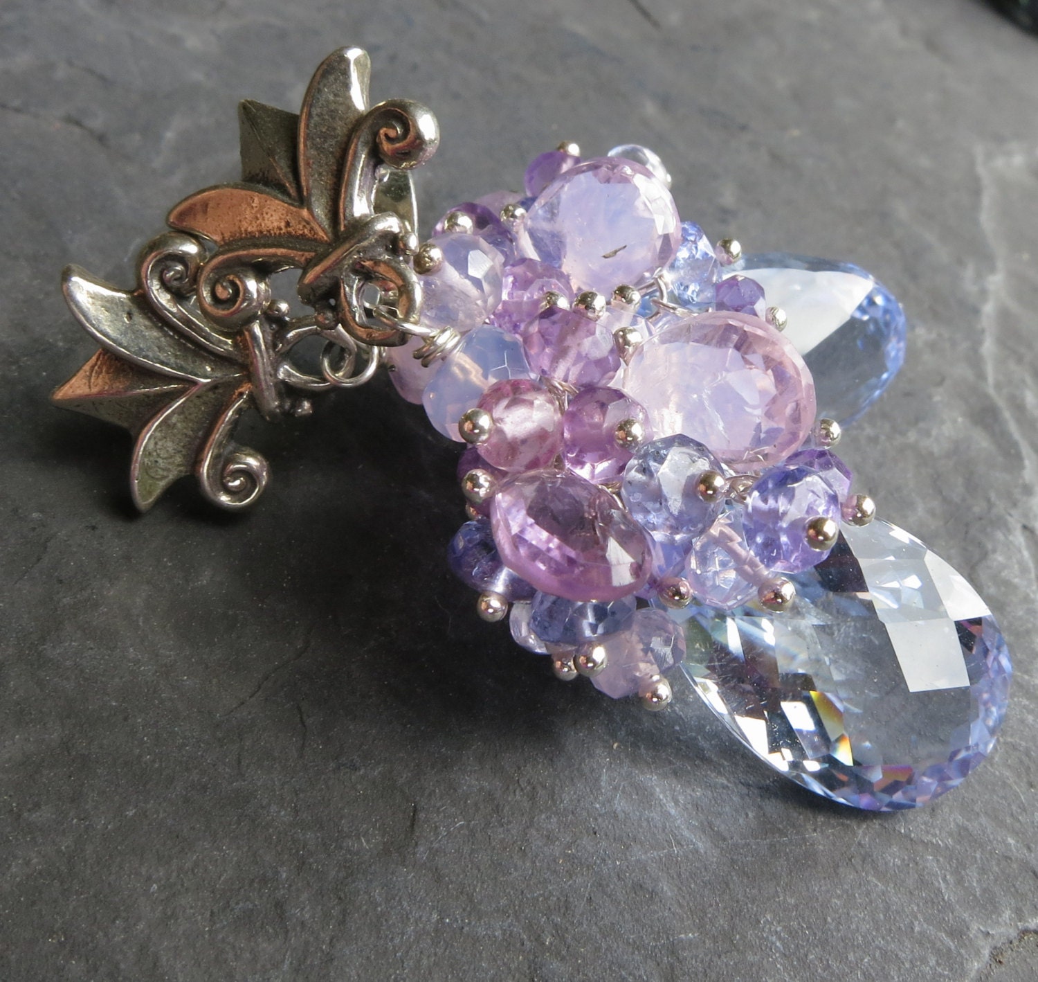 Sky blue topaz earrings sterling silver lavender opal tanzanite amethyst periwinkle purple deco post stud pastels flower garden party -Nymph