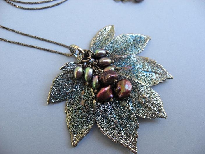 Real Leaf Necklace Pendant Jewelry - Full Moon Maple  - Oxidized Silver