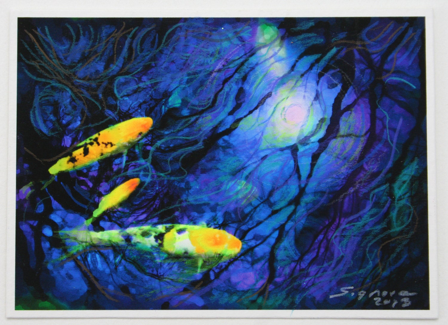 Moonlight swim, Aceo Original, miniature mixed media, Koi photo, koi art, pond, fish, blue art