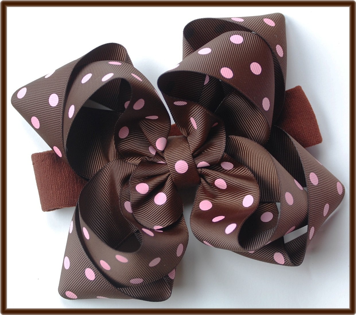 boutique double layered BIG BROWN and PINK dots hair bow on a headband