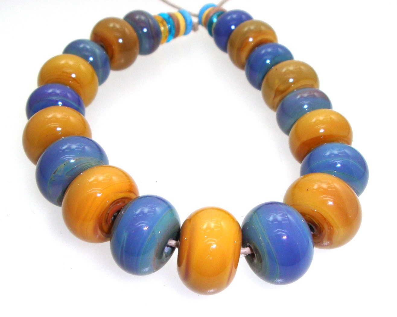 Handmade Lampwork Bead Set Caramel Macchiato Butterscotch Honey Gold Brown Slate Blue Violet Silver Glass Artisan SRA -- Promises Whispered