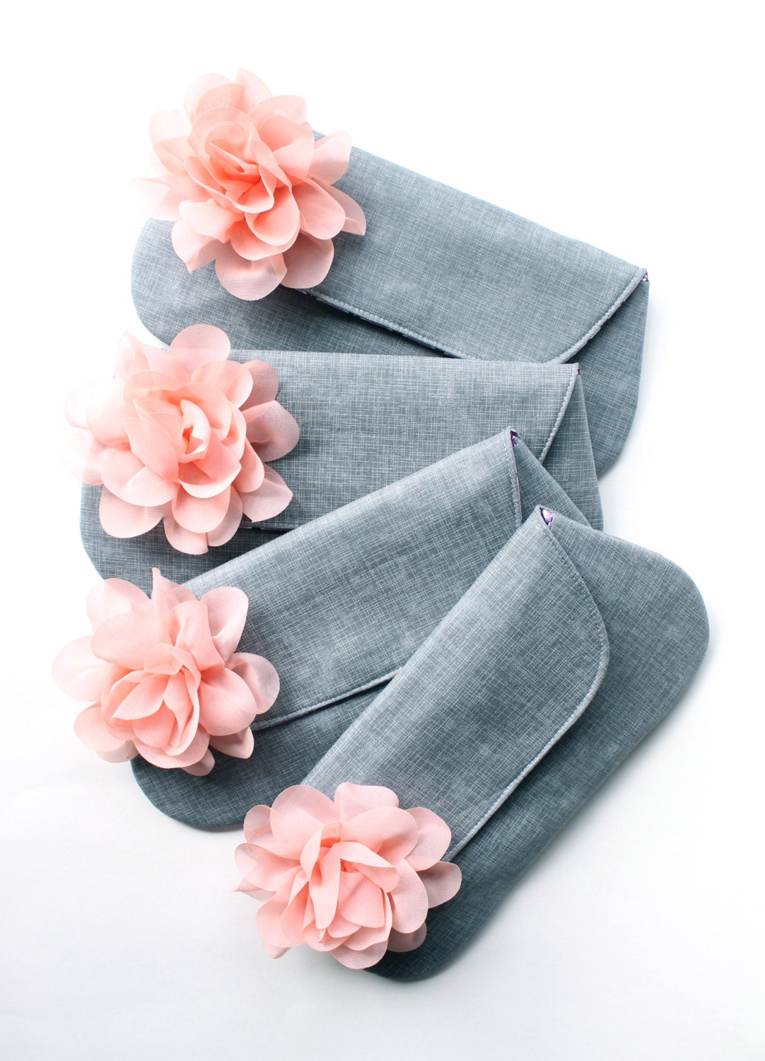Grey and Peach Bridesmaid Clutch, Wedding Clutch Set of 5, Personalized Bridesmaid Gift,  Color Options