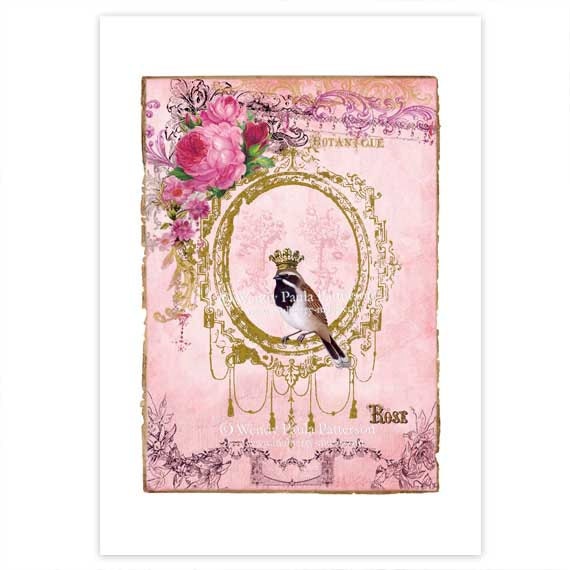 Crowned bird, pink roses, Art Print, collage, gold frame, vintage style, giclee, Shabby Chic Style, aged paper