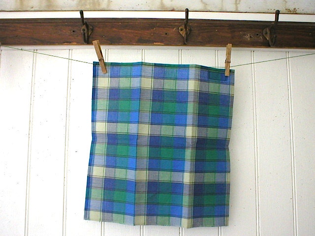 Selvedge pocket square, handkerchief blue emerald plaid - eco vintage fabrics