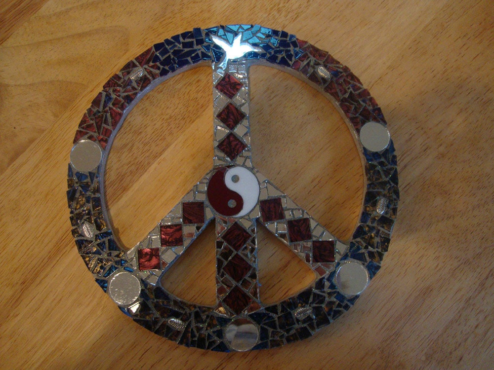 Mosaic Peace Sign With Yin Yang Mirrors and Van Gogh Stained Glass