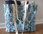 Tote bag,  Large Beach Tote, Damask, Fleur de lis Beach Bag, tote bag french blue and brown