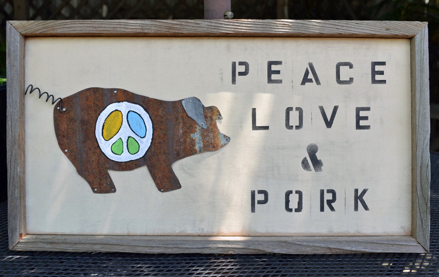 Rustic BBQ Sign - Peace Love and Pork - Metal Art - BBQ Sign - Hippie Art - Rustic Signs