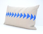 Natural linen pillow cover with geometric design in Mediterranean blue inspired by tribal pattern