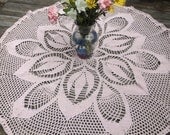 54" Crochet Doily Tablecloth Tulips Pineapple Pattern in Light Pink Cotton READY TO SHIP
