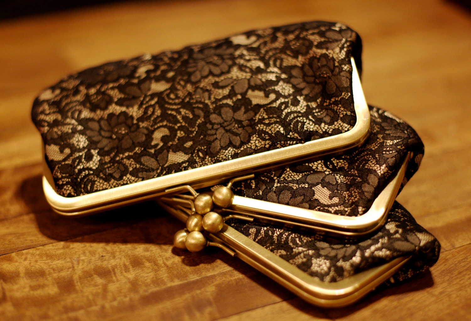 Black Lace on Gold FLAT Clutch with Antique Brass 8 inch Frame