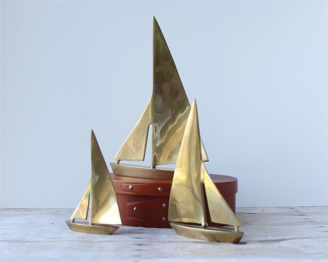 Set of 3 Decorative Brass Sailboats / Heavy Gold Colored Boats / Home Office Nautical Decor / Beach Home Collectible