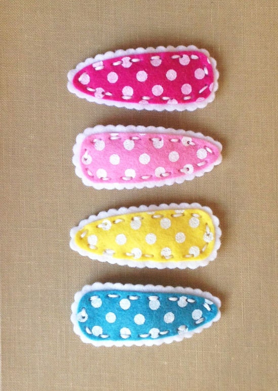 Wool Felt Flower Hair Snap Clip - Set of 4 Tropical Polka Dots