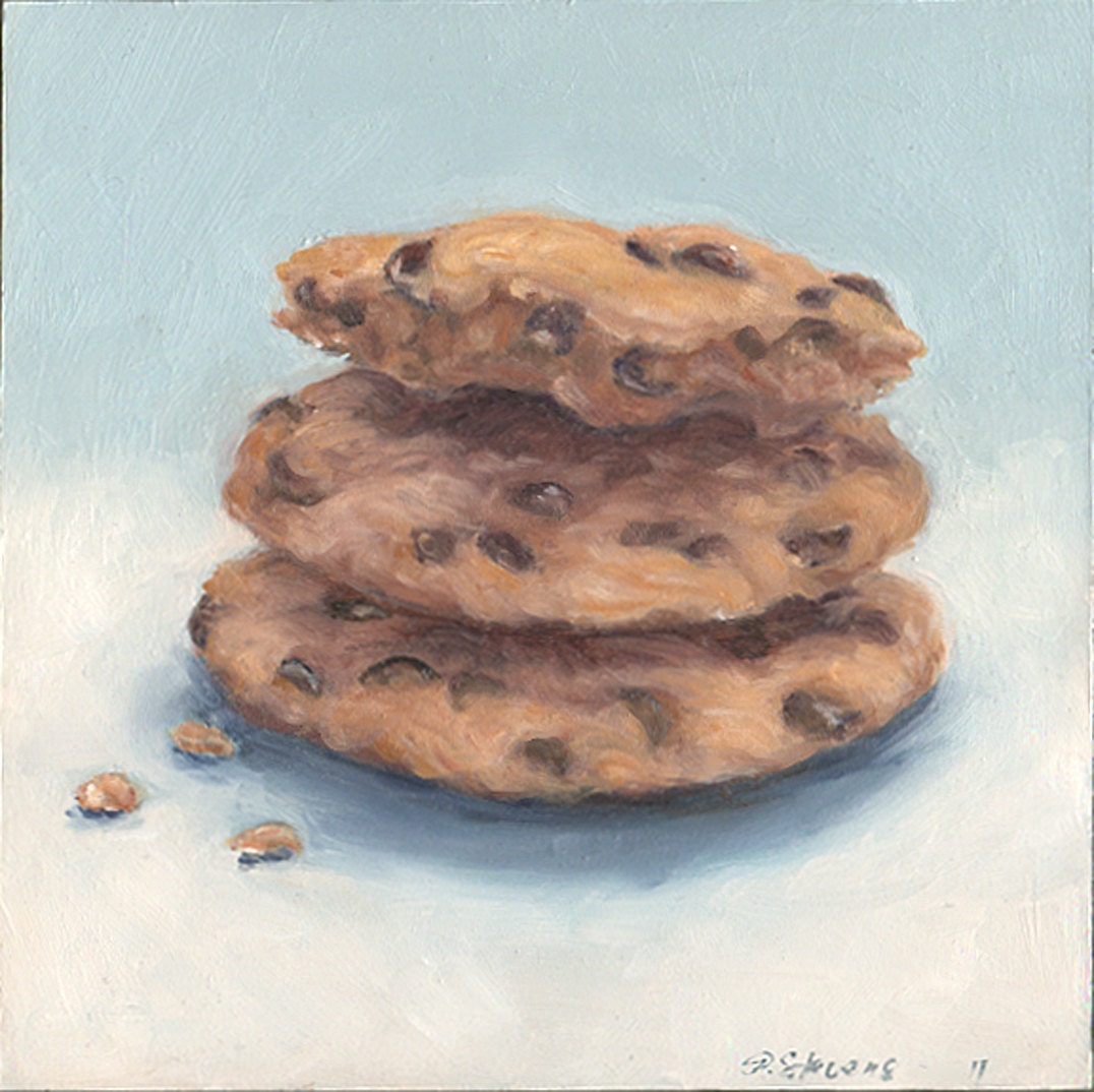 Chocolate Chip Cookies Original Oil Painting Dessert Still Life Kitchen Wall Decor