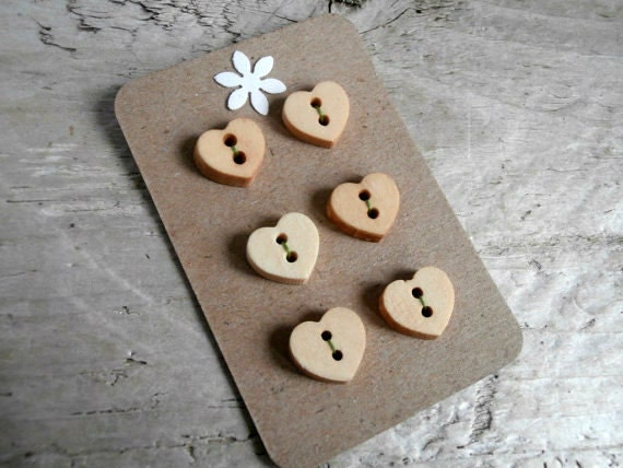 Sale - Wood Heart Sewing Buttons - Small - Set of 6 - Art, Craft, Supplies