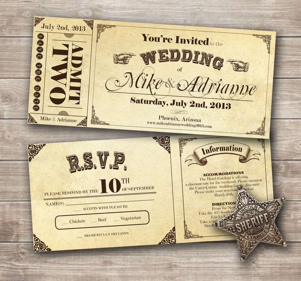 Country Vintage Ticket Wedding Invitation Set FREE Shipping within the US