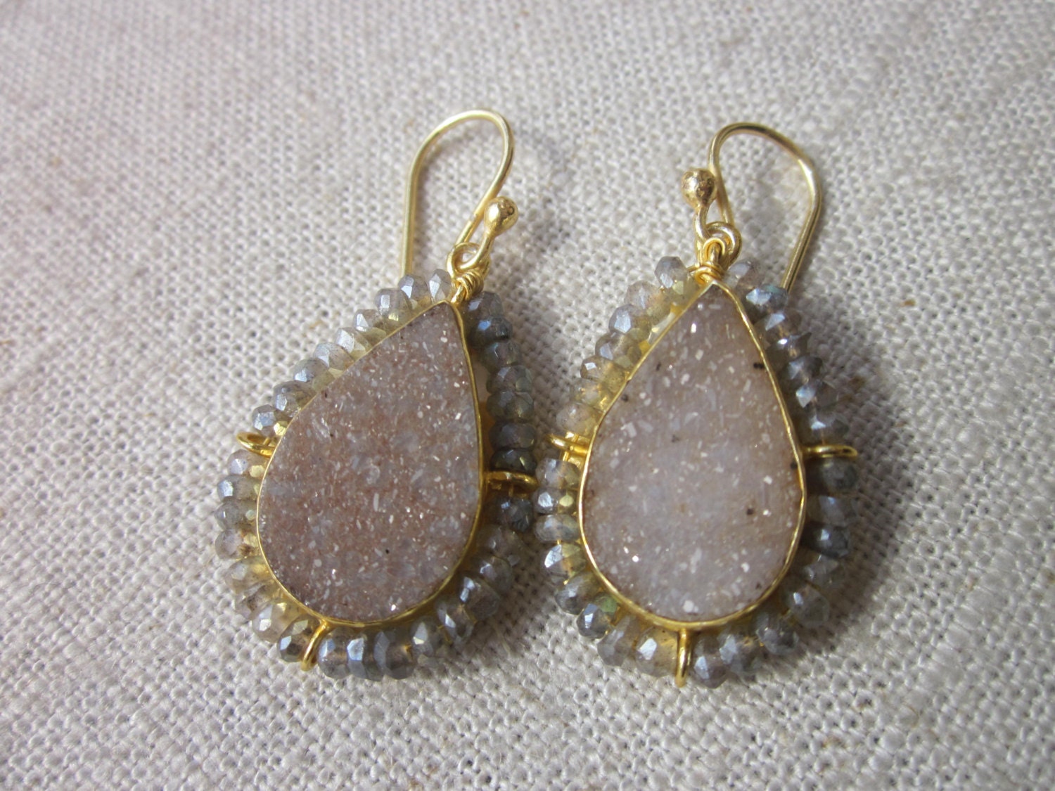 Drusy and labradorite stone gold vermeil earrings