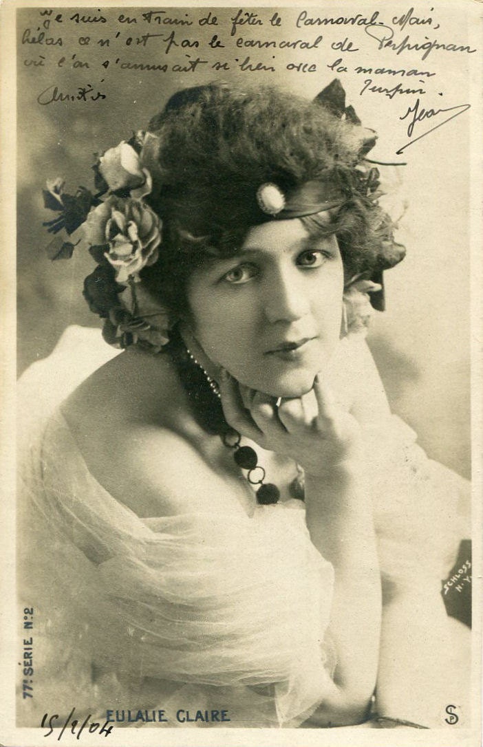 Original French vintage hand tinted real photo postcard - Actress Eulalie Claire with roses in her hair - Victorian Paper Ephemera