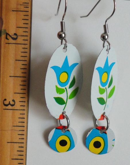 Vintage Tin Earrings featuring Blue Tulips