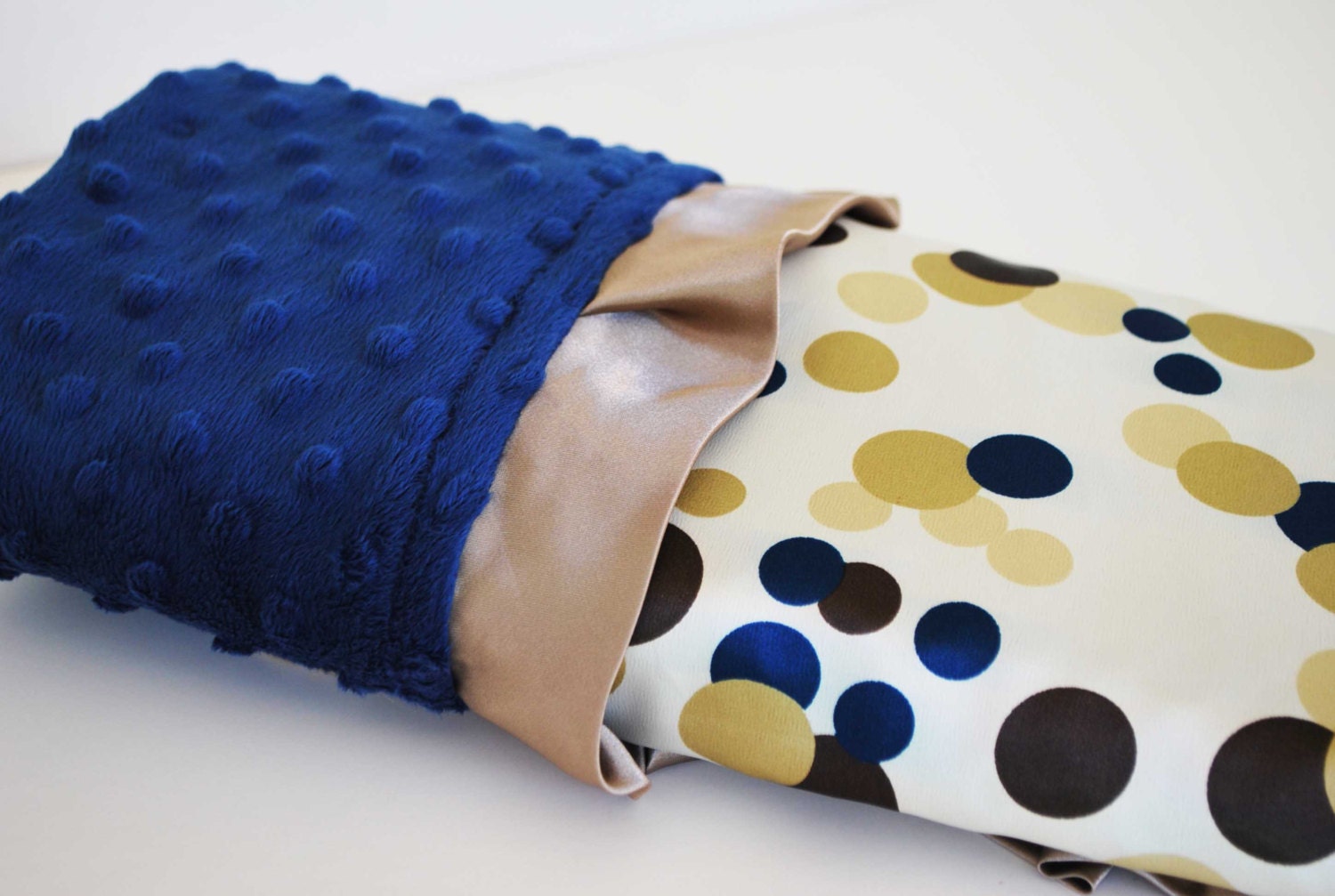 BINKEN BABY BLANKET .... Polka dot satin print with royal blue minky dimples and matching satin trim.....Elegant baby blanket