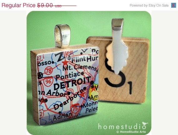 Moving Sale - DETROIT Map : a pendant charm made from a Scrabble Game Tile game piece