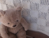 Hand knitted off white/beige (fisherman light tan) baby blanket, in checkerboard pattern, for a boy or girl
