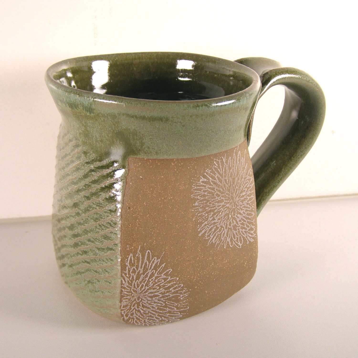 Square Chrysanthemum Mug in Green, Handmade Ceramic