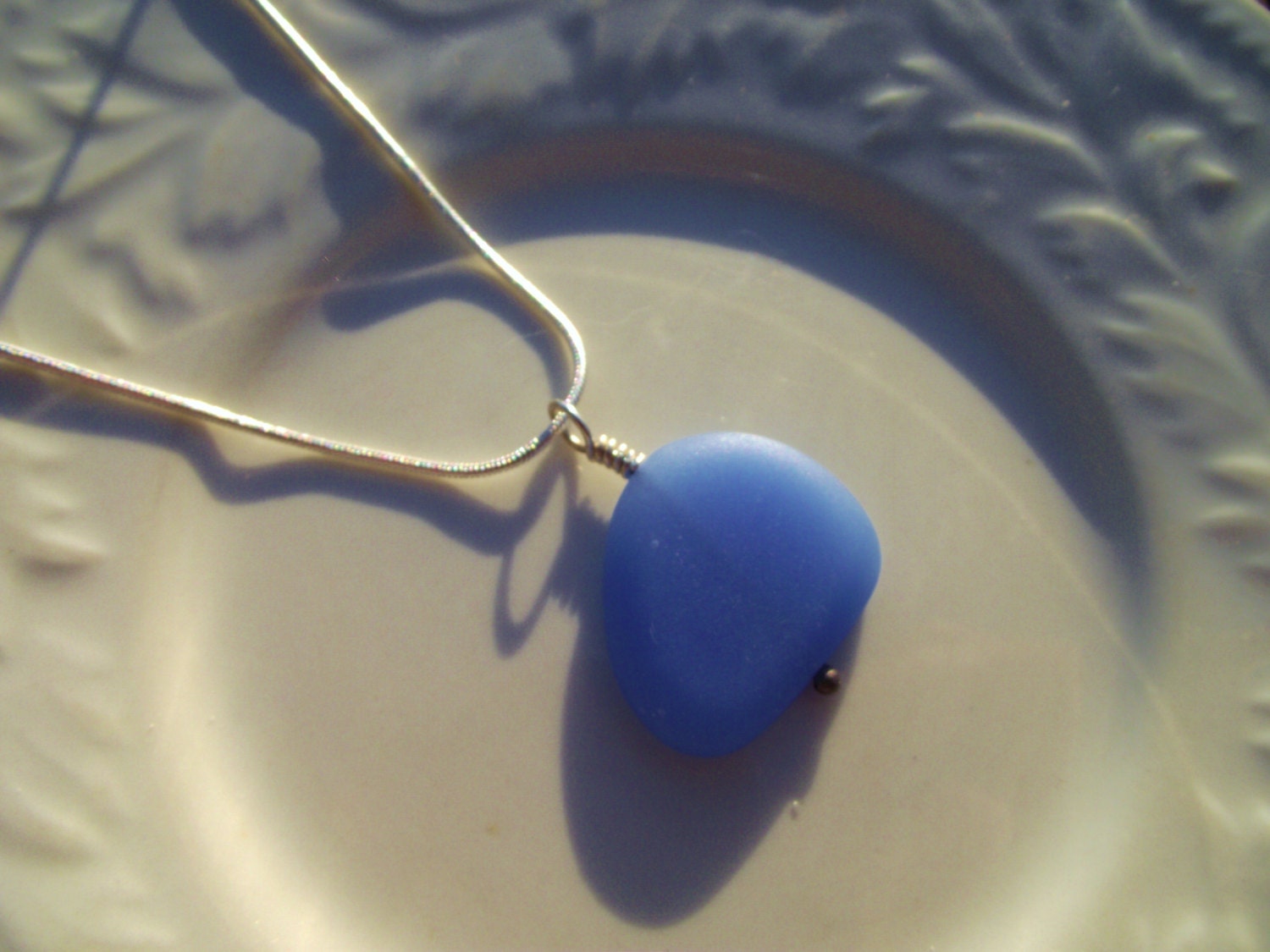 Brushed Sapphire...Seaglass Pendant on Sterling