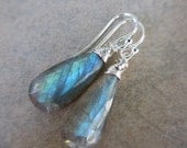 Blue Green Labradorite Earrings, Sterling Silver, Wire Wrapped, Long, Dangle, Blue Earrings, Irisjewelrydesign