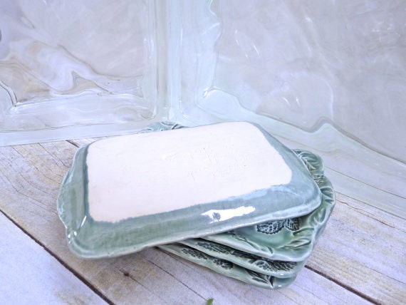 Ceramic Trays Set of Five Herb Garden Dishes Pottery Sage Green Basil Mint Lavender Sage