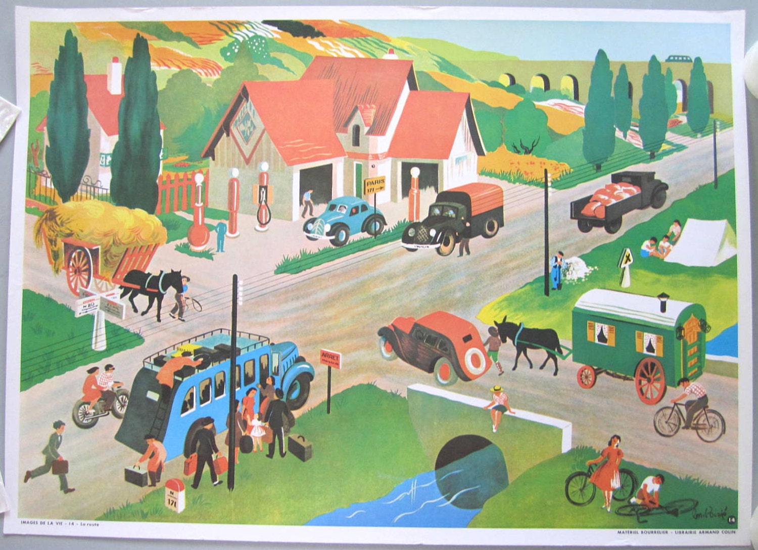 French Vintage School Poster Country Vacation Car Caravan Horse