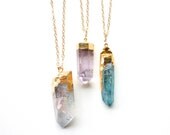TenThings. blue quartz. CRYSTAL BULLET. long gold chain. necklace.